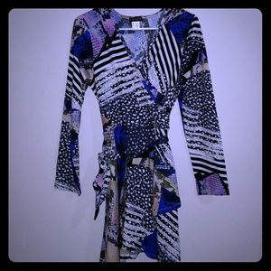 Pattern belted faux wrap dress